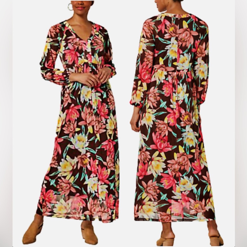 Iman brown Floral Maxi mesh Dress - Multicolor size Lg